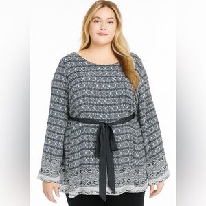 FASHION BUG  Womens Blouse Tunic 3X Top Flared Long‎ Sleeve Gray Geografic Boho